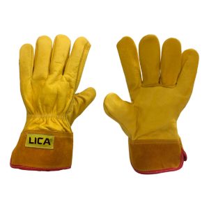 Leather electrician glove Mod. B182RG-L LICA, yellow, 100% cowhide leather wide safety sleeve elastic cuff