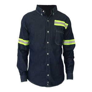 Denim shirt with reflective strips Mod. CAM-MEZ-REF LICA, navy blue, long sleeve reflective pocket high visibility