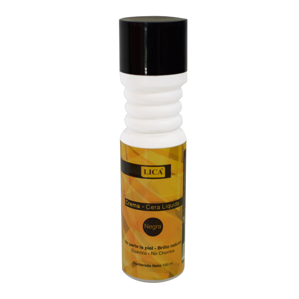 cera líquida para calzado de piel Mod. EL-LP LICA, variantes café obscuro EL-LP-01 y negro EL-LP-03, aplicador esponja