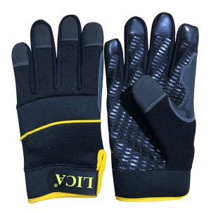 Anti-slip silicone grip glove Mod. GL-ANTISLIP LICA, black with yellow details, silicone palm neoprene knuckles touch system