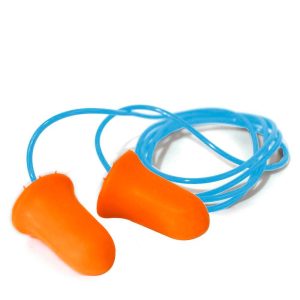 Bullet-style corded earplug TL37 LICA in orange PU-FOAM with 70 cm blue plastic cord