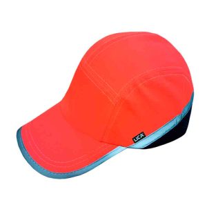 Cap with high visibility reflective band and flashlight.