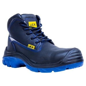 Dielectric safety boot with thermoplastic eyelets Mod. 107PLUS-SP LICA, black with blue details, cork midsole and reflective band