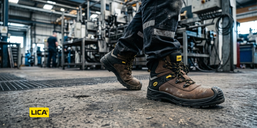 Industrial worker wearing black safety boots with reinforced toe cap on a manufacturing plant floor