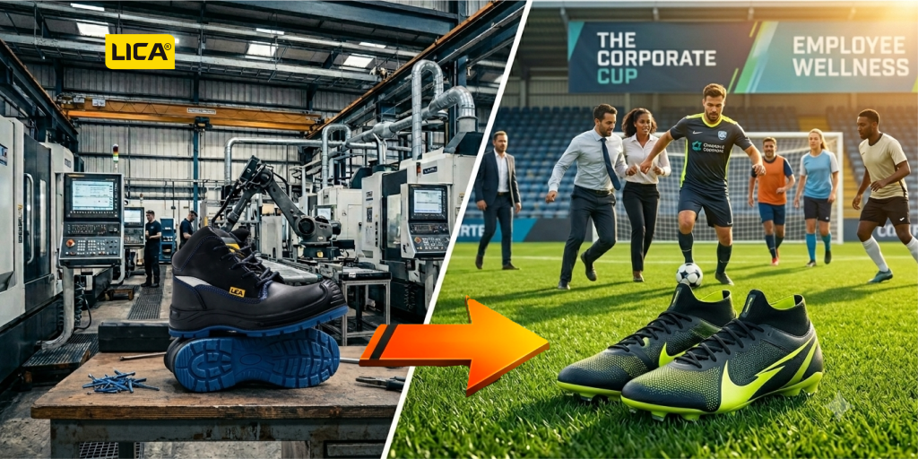 Split composition showing soccer cleats on green grass next to black industrial safety boots on concrete floor