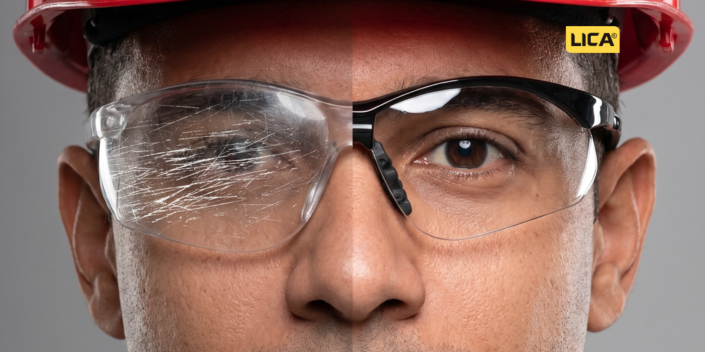 Two pairs of industrial safety glasses side by side — one in perfect condition and one with a scratched lens and deformed frame — on an industrial surface
